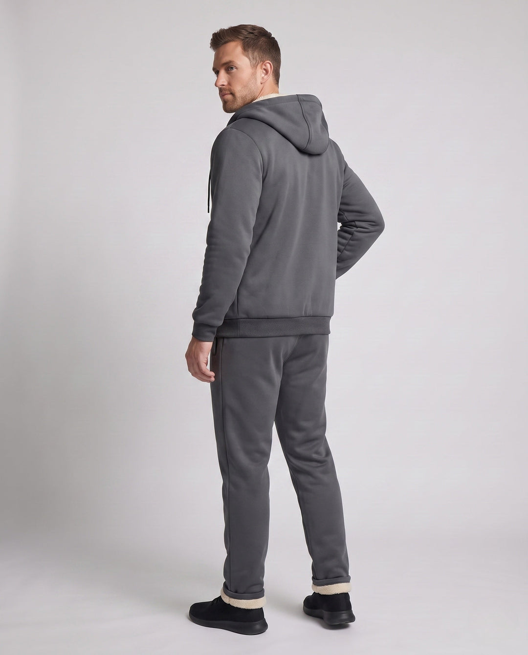 Men's thermal hooded tracksuit set with Sherpa lining and zip pockets
