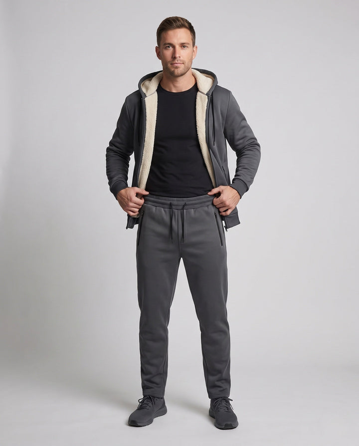 Men's thermal hooded tracksuit set with Sherpa lining and zip pockets