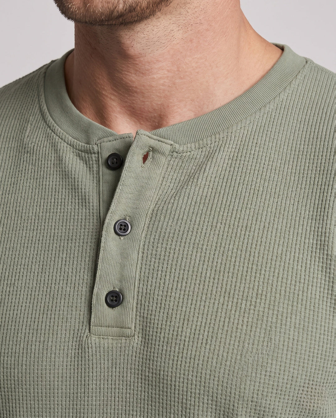 Men's thermal waffle long sleeve with Henley button placket, relaxed fit and ribbed cuffs