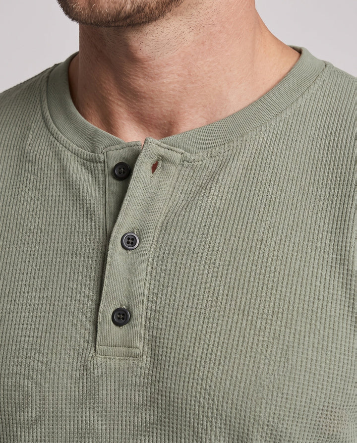 Men's thermal waffle long sleeve with Henley button placket, relaxed fit and ribbed cuffs
