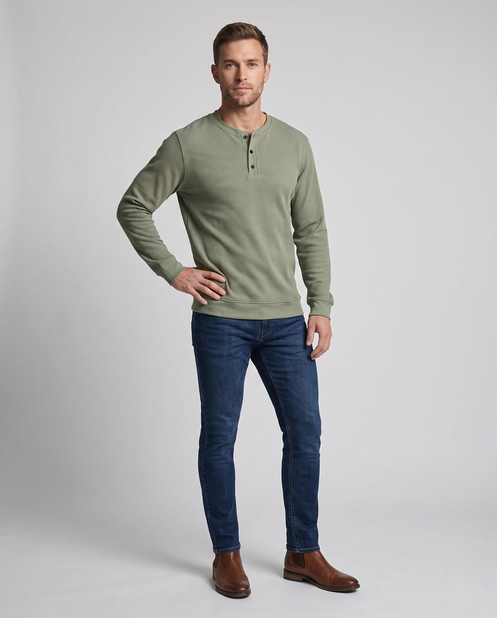 Men's thermal waffle long sleeve with Henley button placket, relaxed fit and ribbed cuffs