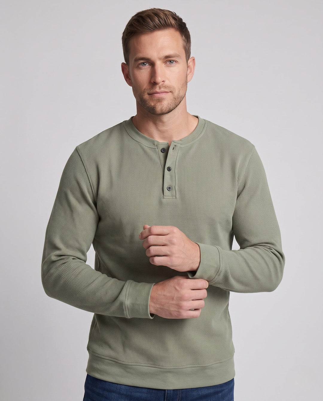 Men's thermal waffle long sleeve with Henley button placket, relaxed fit and ribbed cuffs
