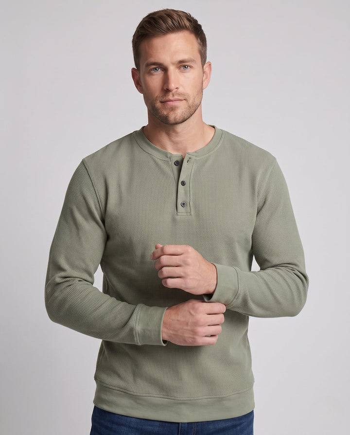Men's thermal waffle long sleeve with Henley button placket, relaxed fit and ribbed cuffs