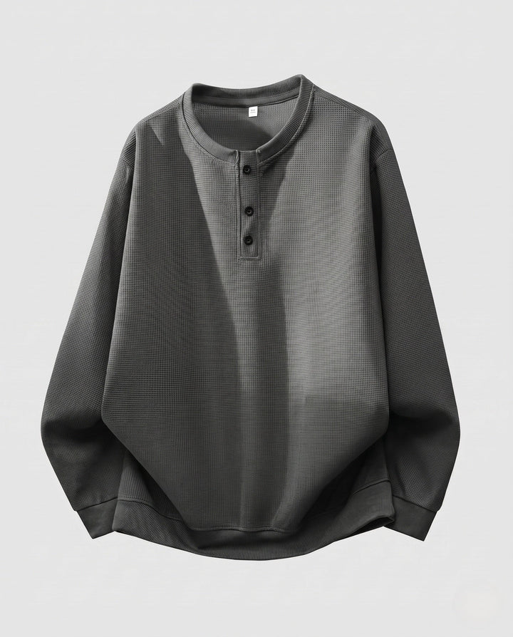 Men's thermal waffle long sleeve with Henley button placket, relaxed fit and ribbed cuffs