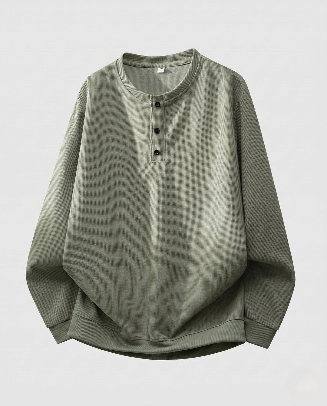 Men's thermal waffle long sleeve with Henley button placket, relaxed fit and ribbed cuffs