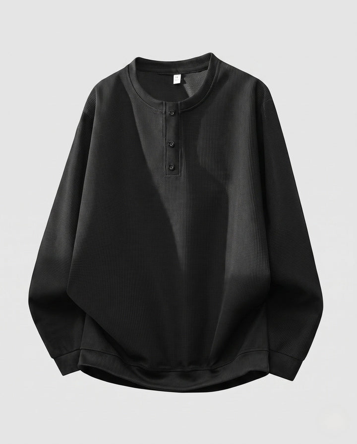 Men's thermal waffle long sleeve with Henley button placket, relaxed fit and ribbed cuffs