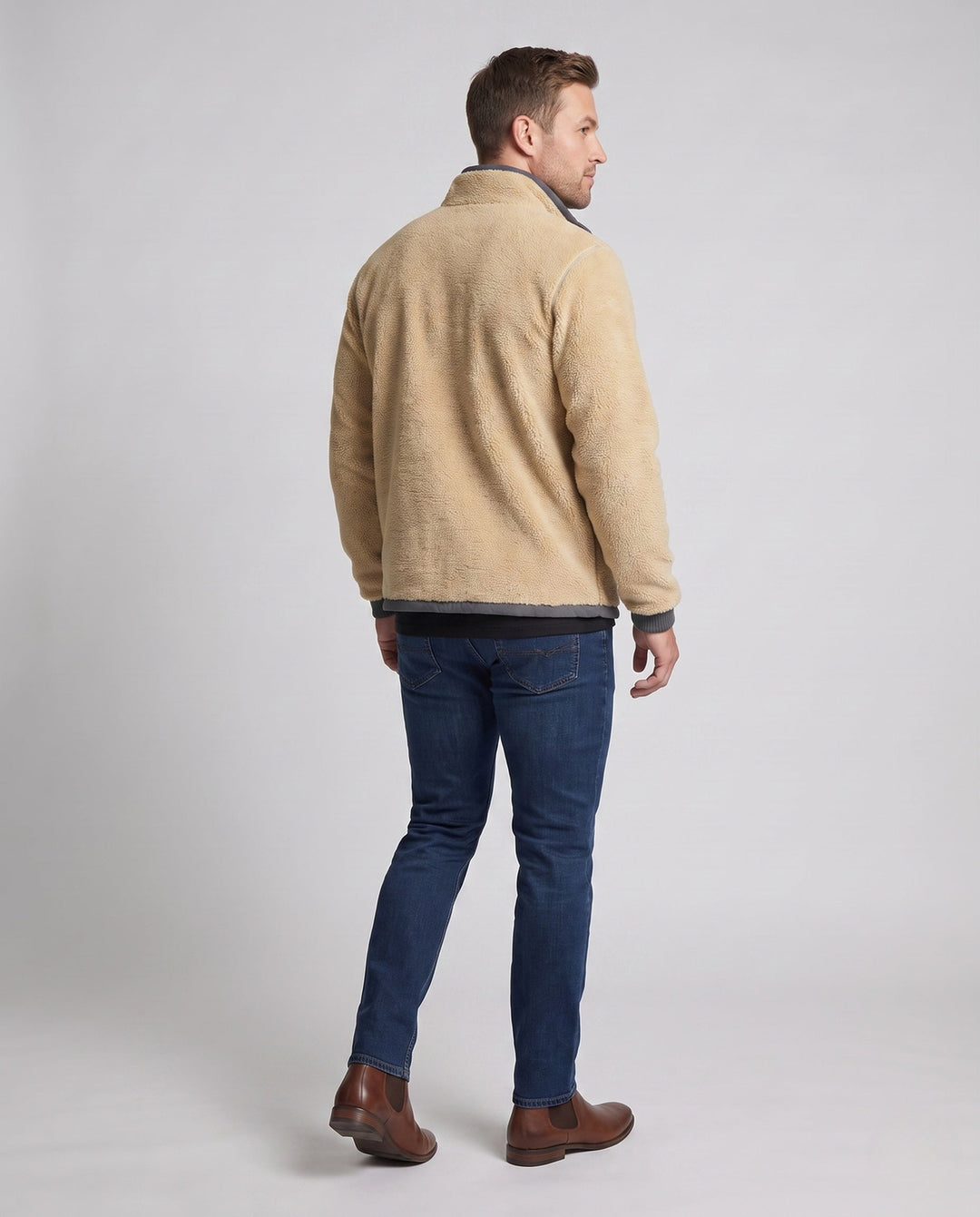 Men's thermo fleece jacket with Sherpa lining, high stand-up collar and concealed zipper pockets