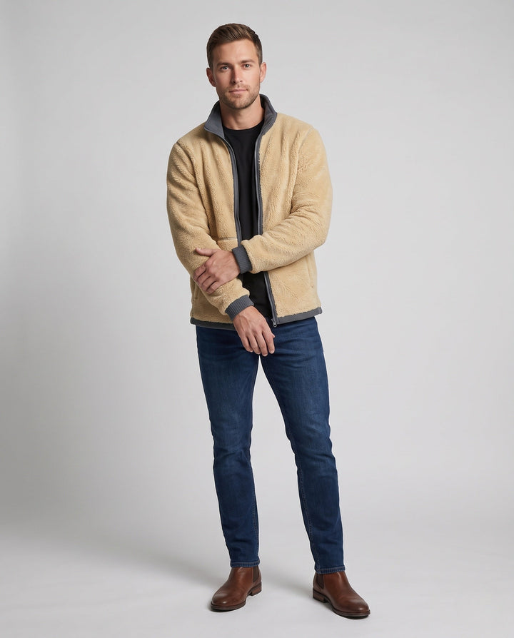 Men's thermo fleece jacket with Sherpa lining, high stand-up collar and concealed zipper pockets