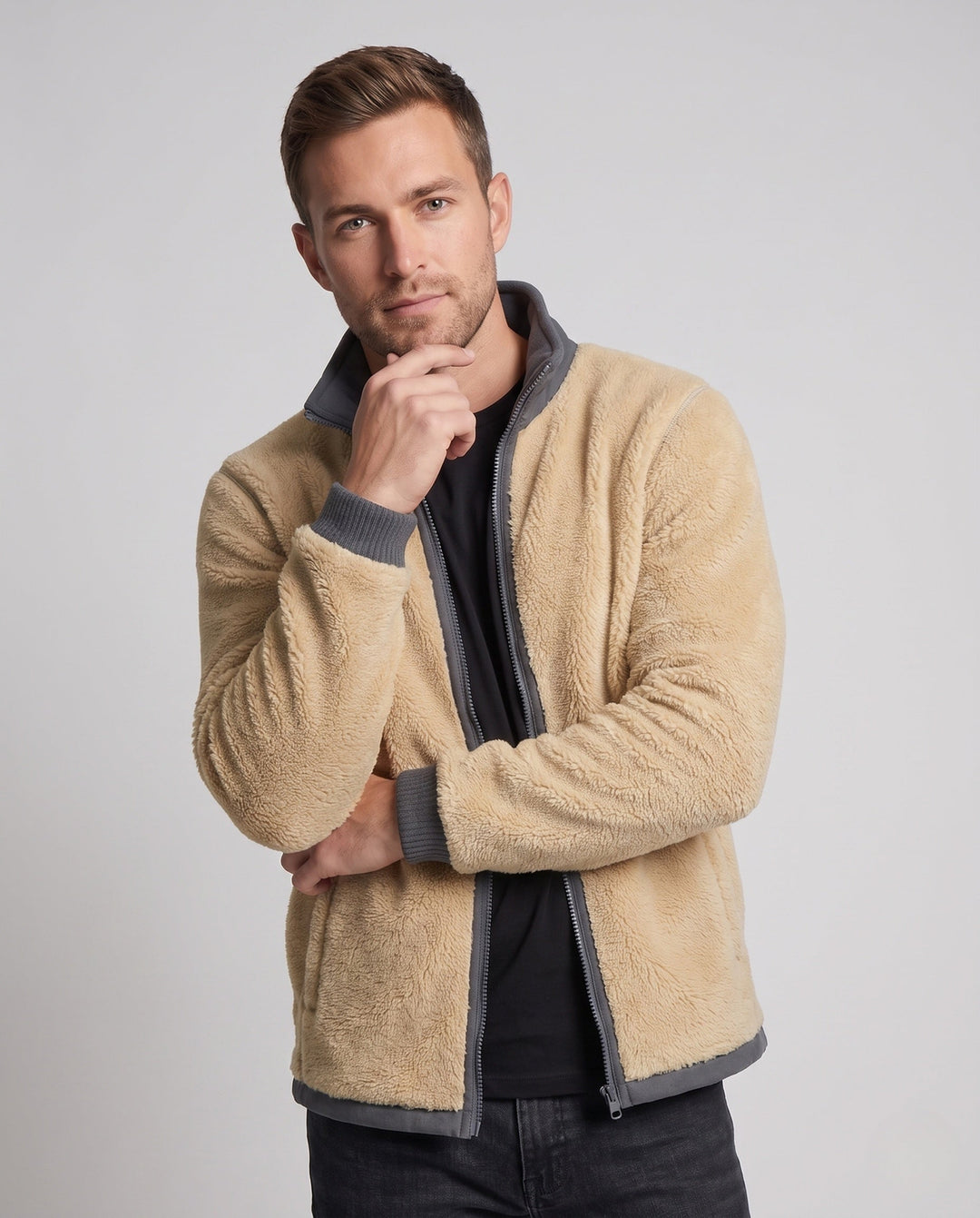 Men's thermo fleece jacket with Sherpa lining, high stand-up collar and concealed zipper pockets