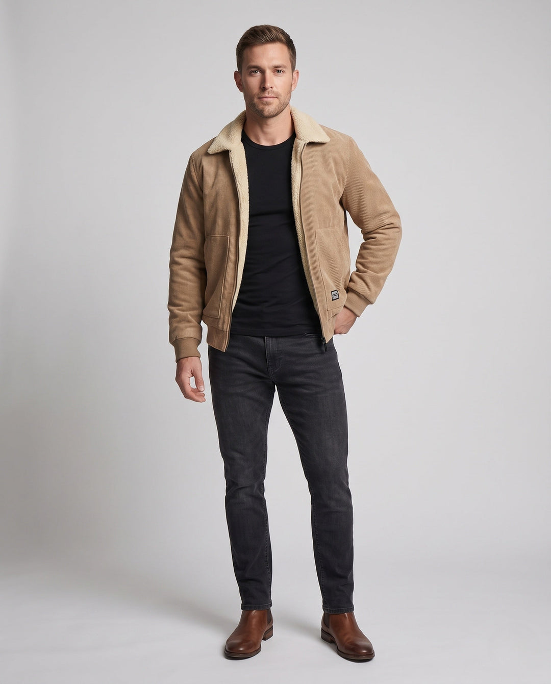 Men's Thermo Workwear Jacket with Sherpa Lining, Cord Structure and Concealed Zipper