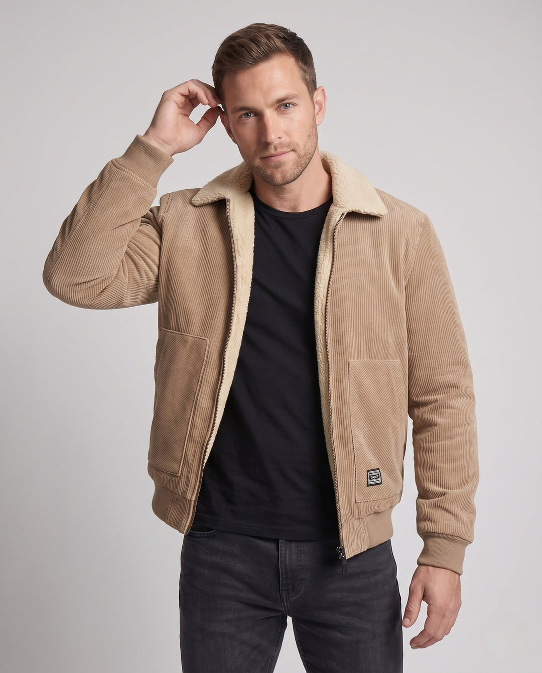 Men's Thermo Workwear Jacket with Sherpa Lining, Cord Structure and Concealed Zipper
