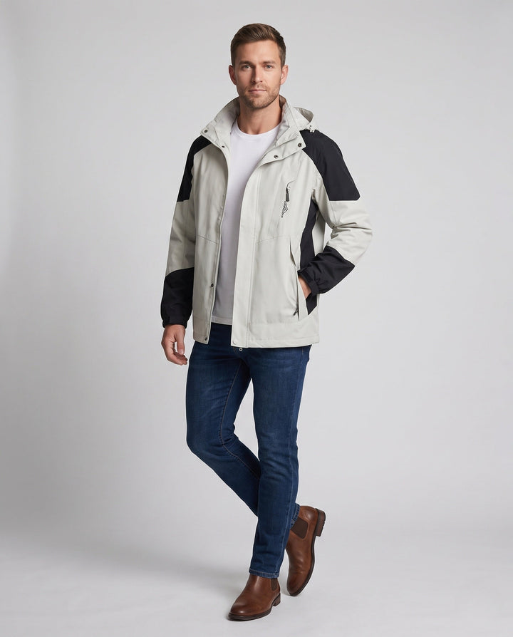 Men's ultralight packable hardshell jacket with adjustable hood, taped seams and angled chest zipper