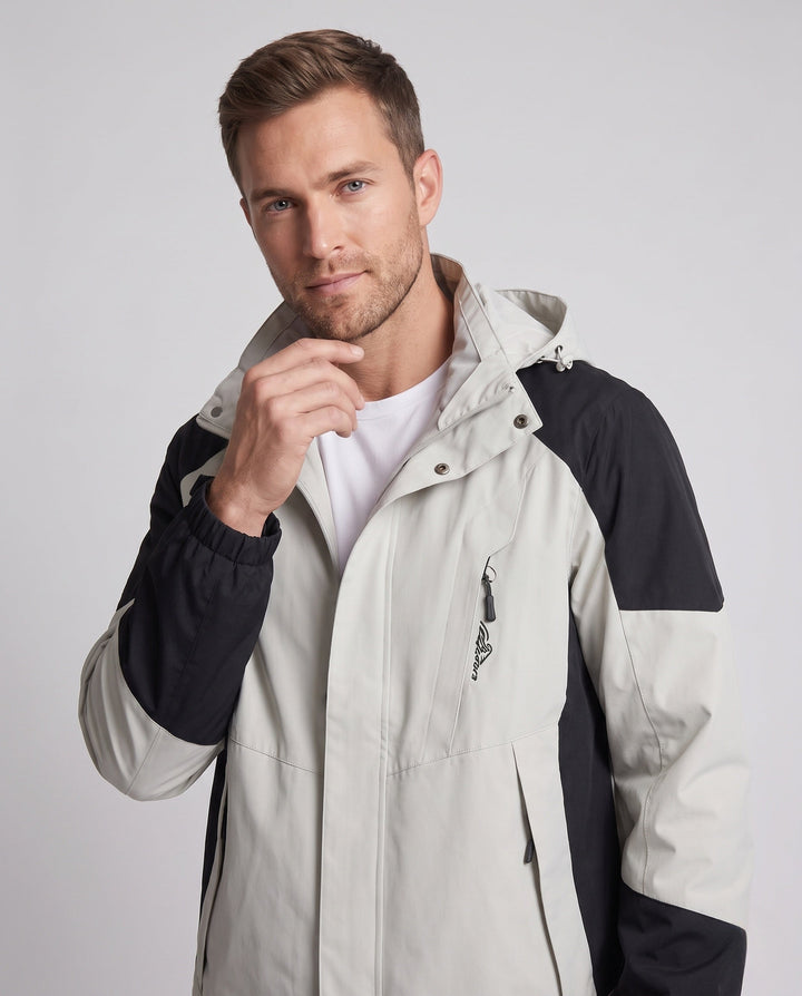 Men's ultralight packable hardshell jacket with adjustable hood, taped seams and angled chest zipper