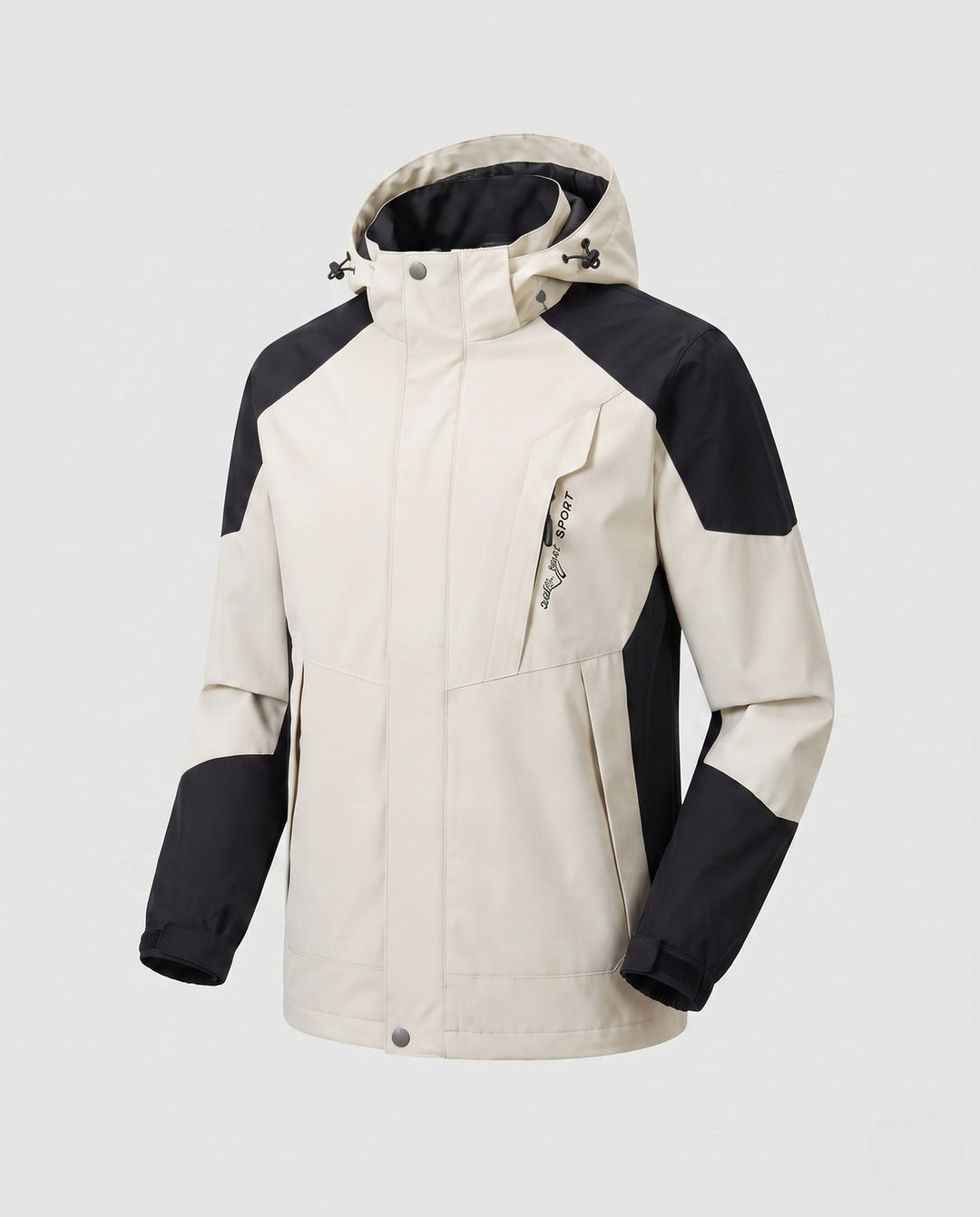 Men's ultralight packable hardshell jacket with adjustable hood, taped seams and angled chest zipper