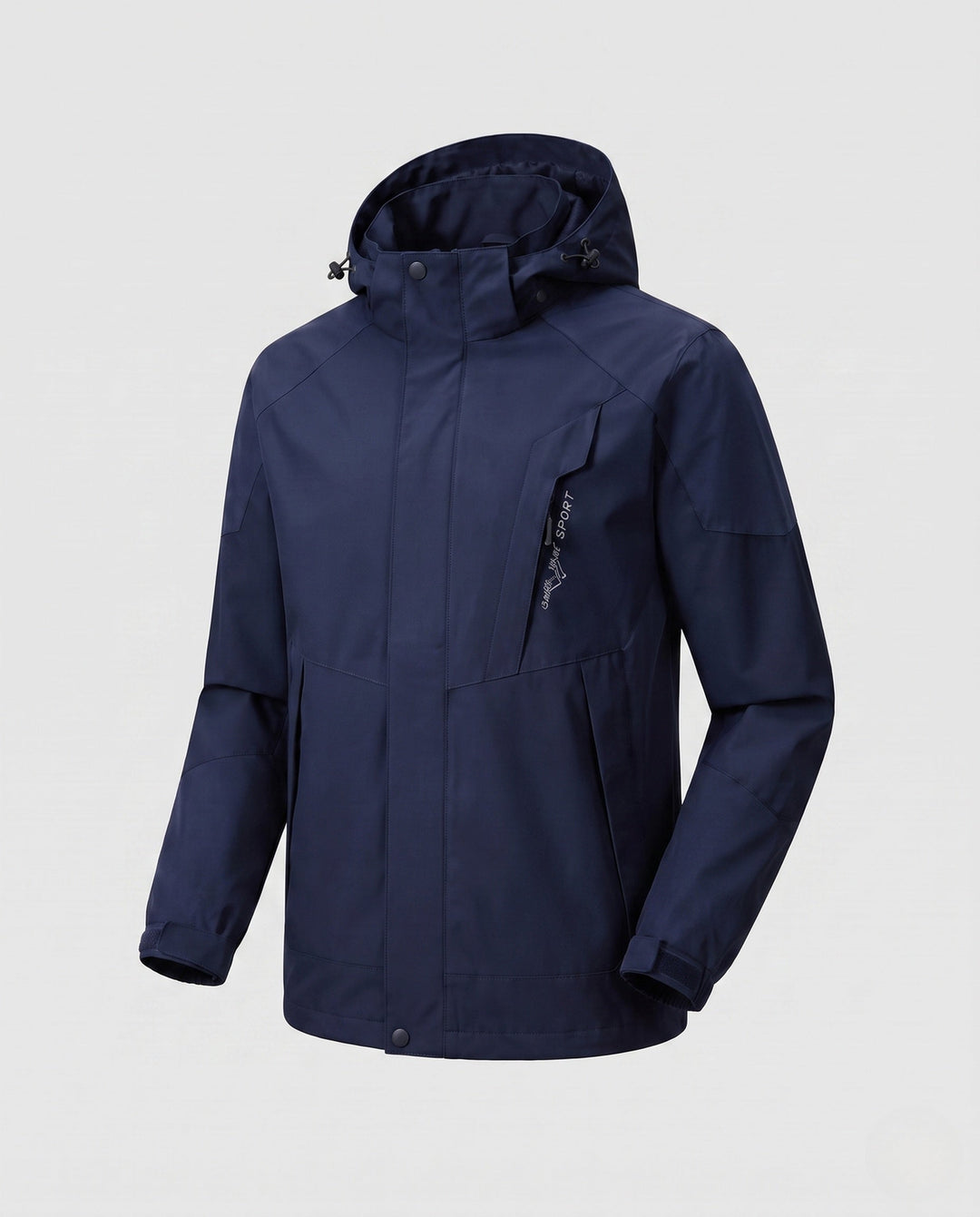 Men's ultralight packable hardshell jacket with adjustable hood, taped seams and angled chest zipper