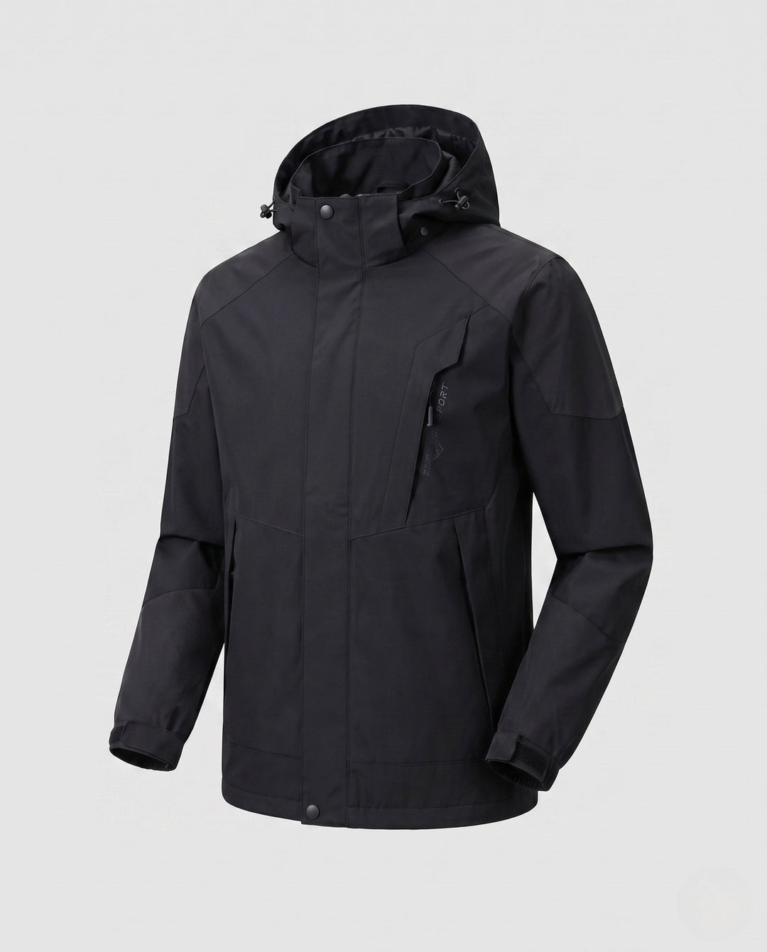 Men's ultralight packable hardshell jacket with adjustable hood, taped seams and angled chest zipper