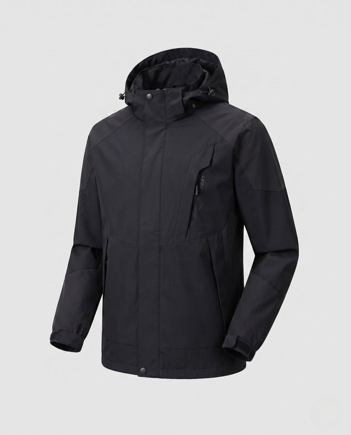 Men's ultralight packable hardshell jacket with adjustable hood, taped seams and angled chest zipper