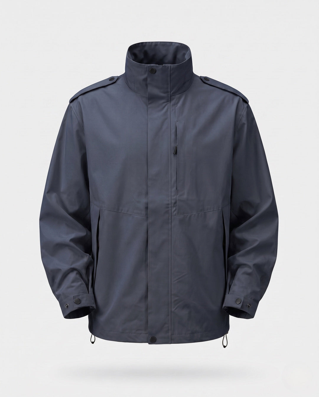 Men's urban functional jacket with concealed front flap, contrasting piping, and adjustable hem