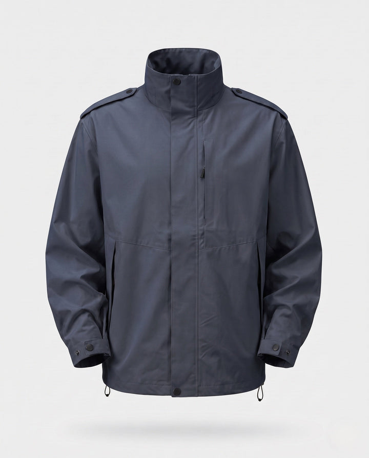 Men's urban functional jacket with concealed front flap, contrasting piping, and adjustable hem