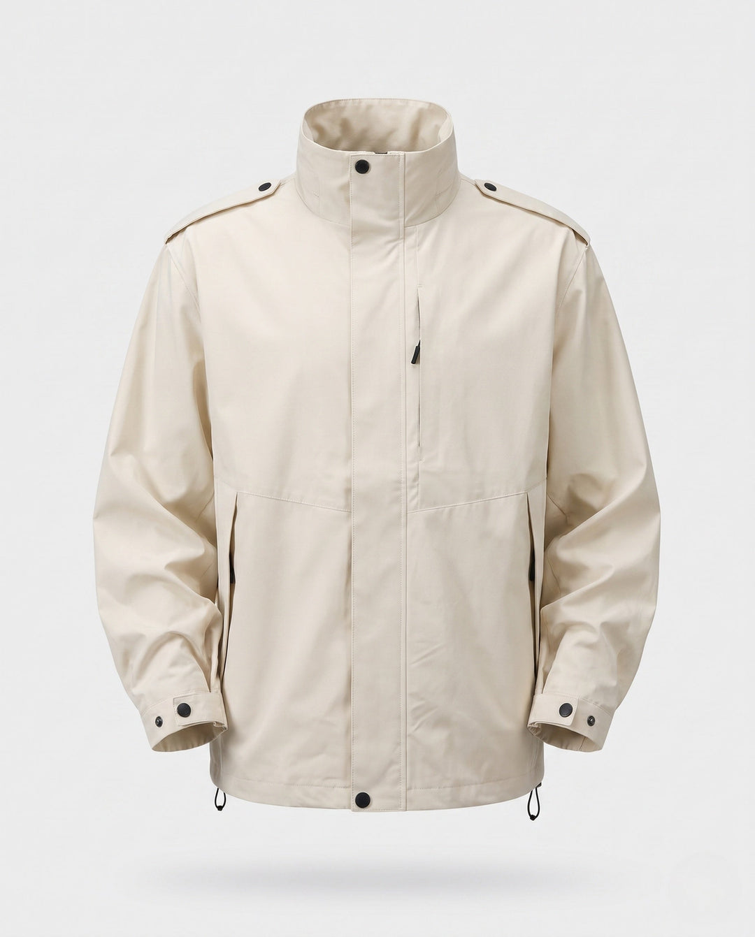 Men's urban functional jacket with concealed front flap, contrasting piping, and adjustable hem
