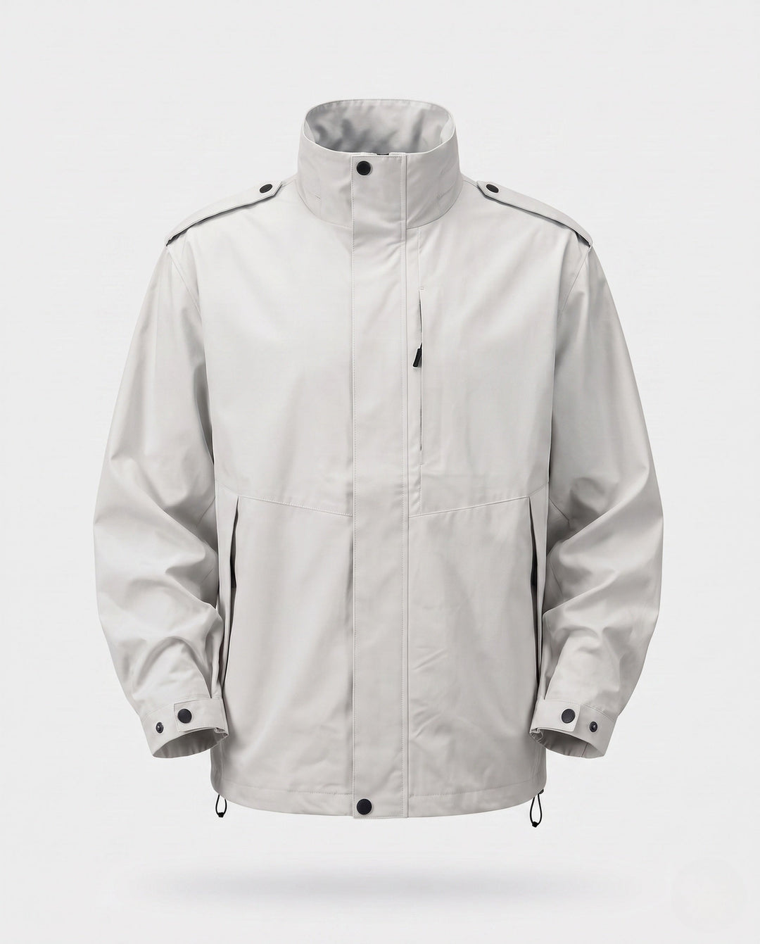 Men's urban functional jacket with concealed front flap, contrasting piping, and adjustable hem