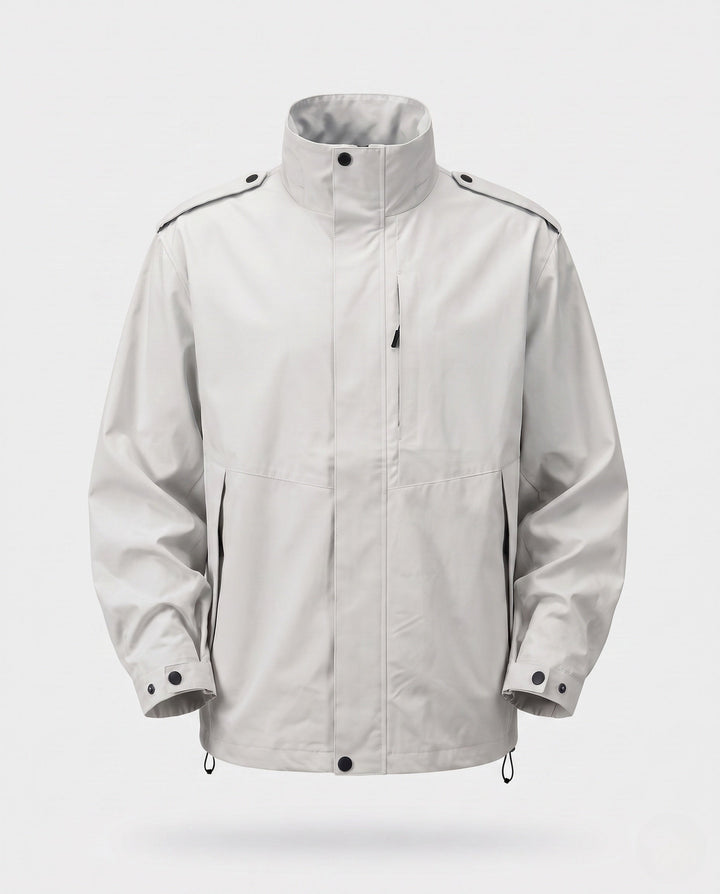 Men's urban functional jacket with concealed front flap, contrasting piping, and adjustable hem