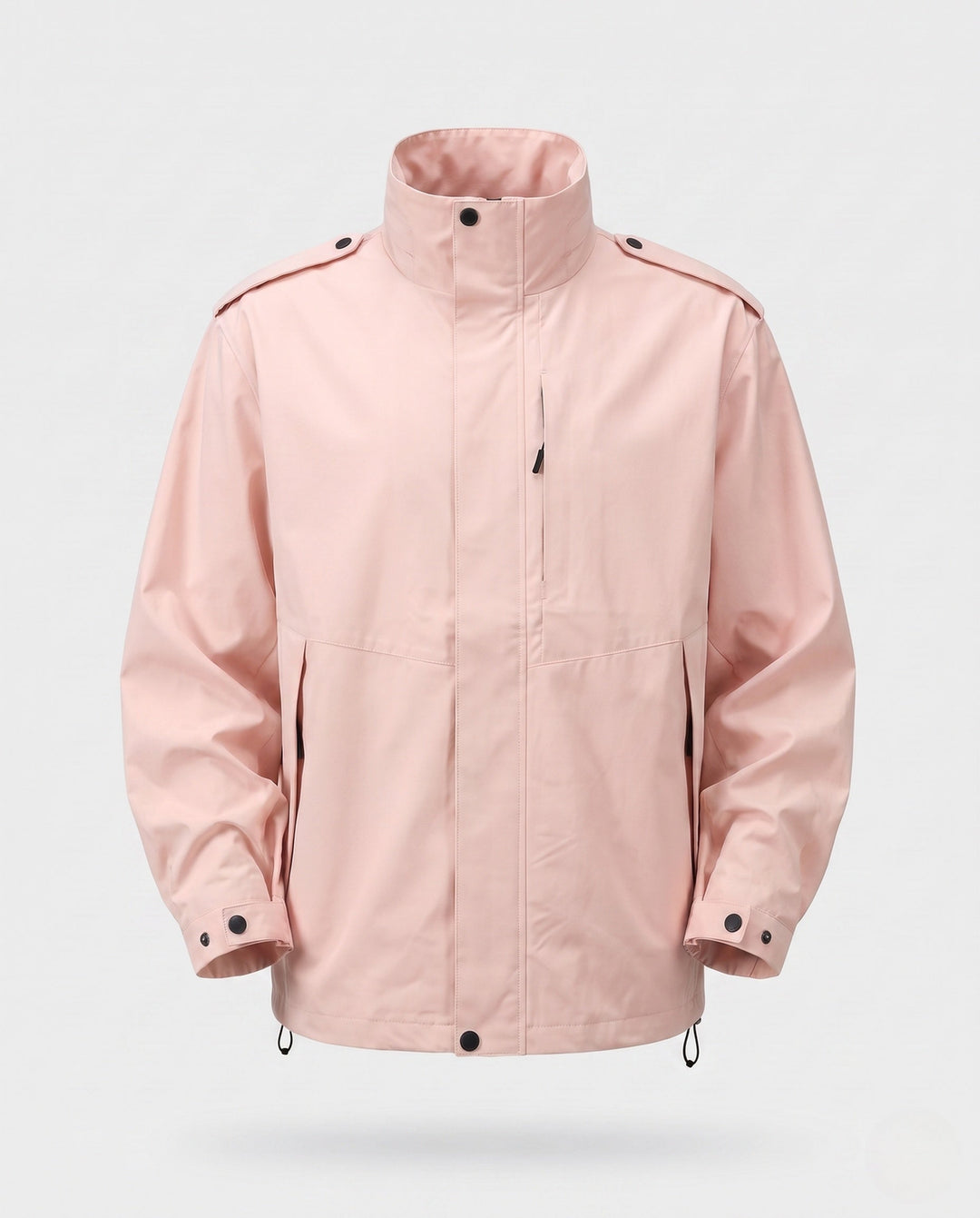 Men's urban functional jacket with concealed front flap, contrasting piping, and adjustable hem