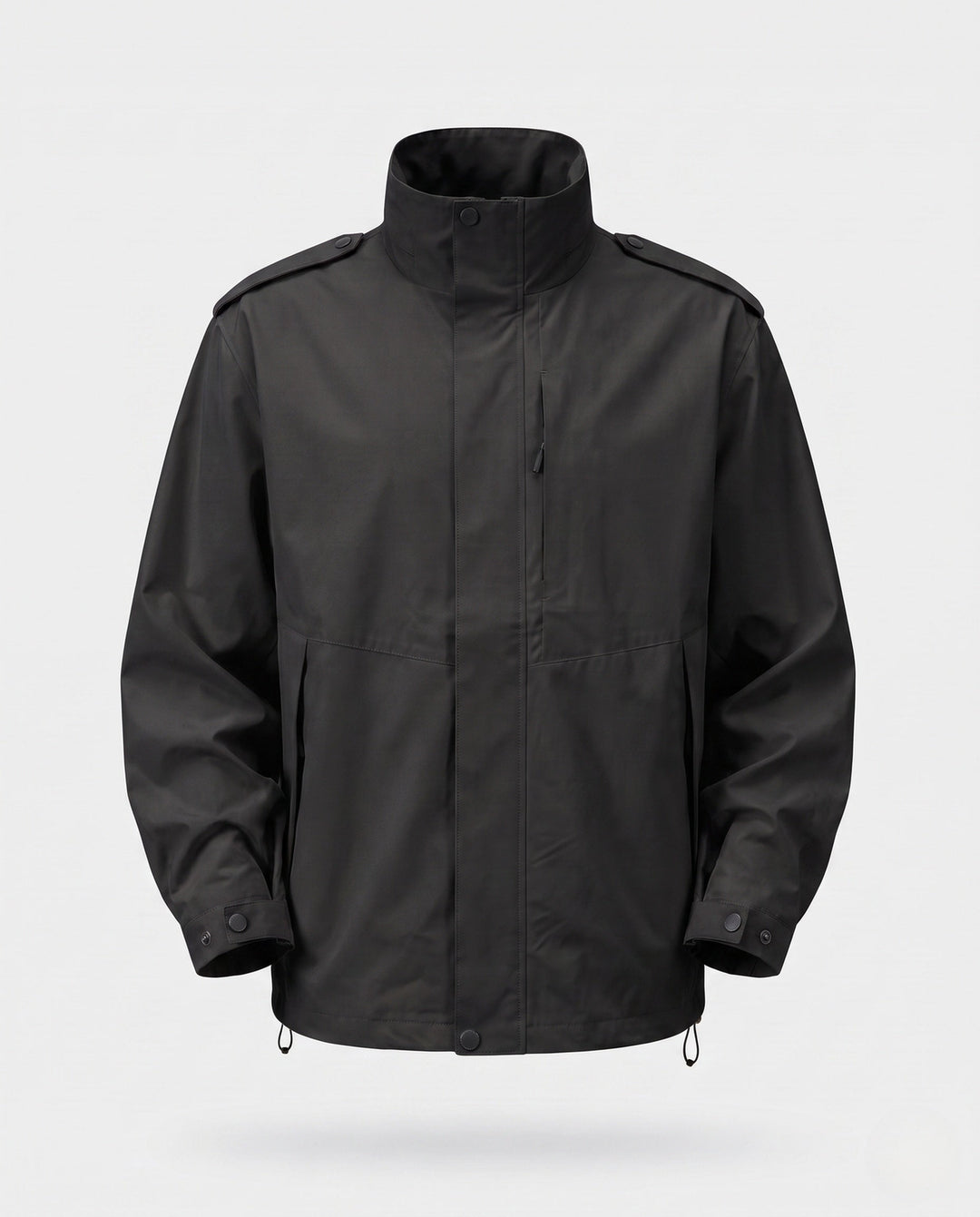 Men's urban functional jacket with concealed front flap, contrasting piping, and adjustable hem