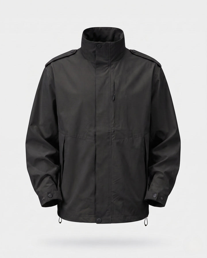 Men's urban functional jacket with concealed front flap, contrasting piping, and adjustable hem