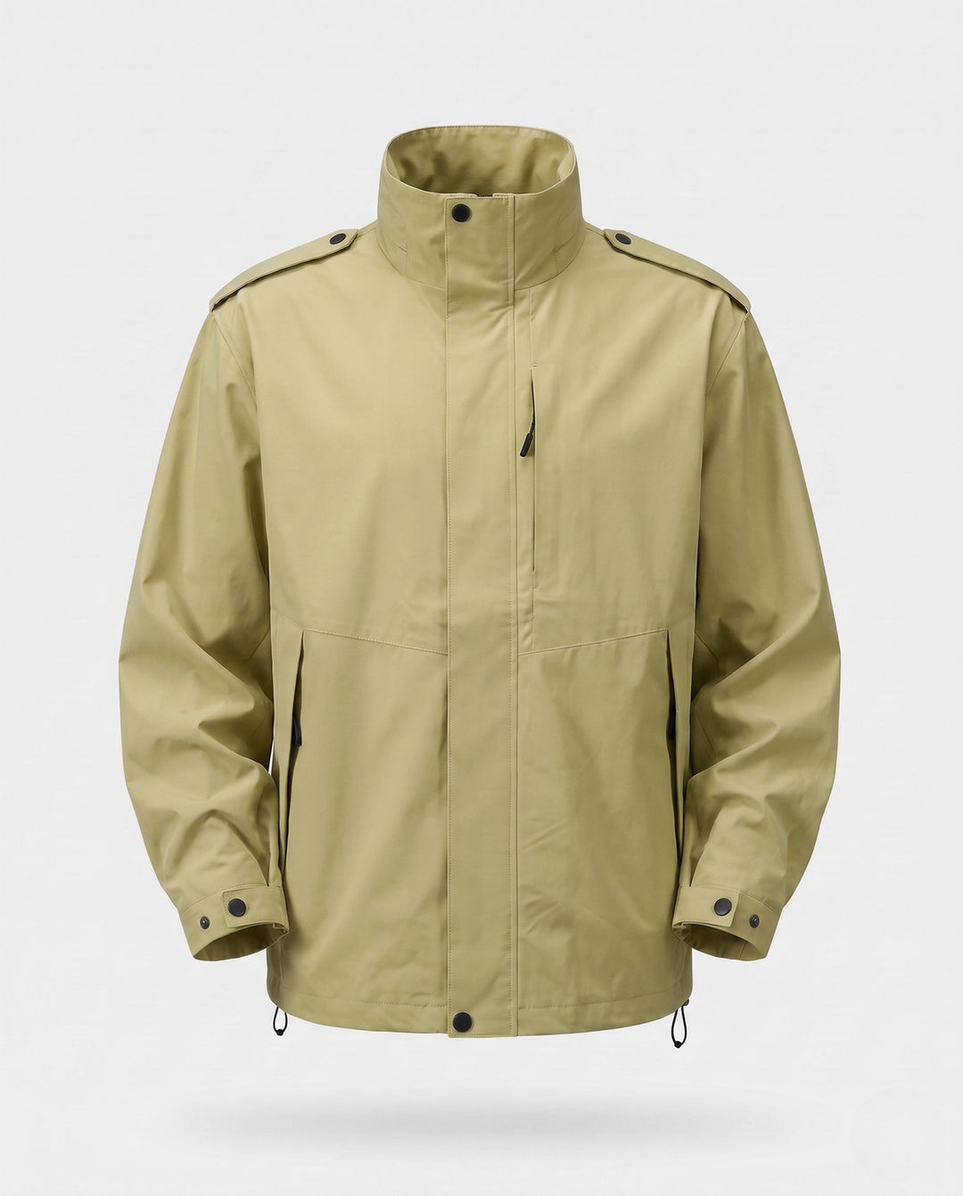 Men's urban functional jacket with concealed front flap, contrasting piping, and adjustable hem
