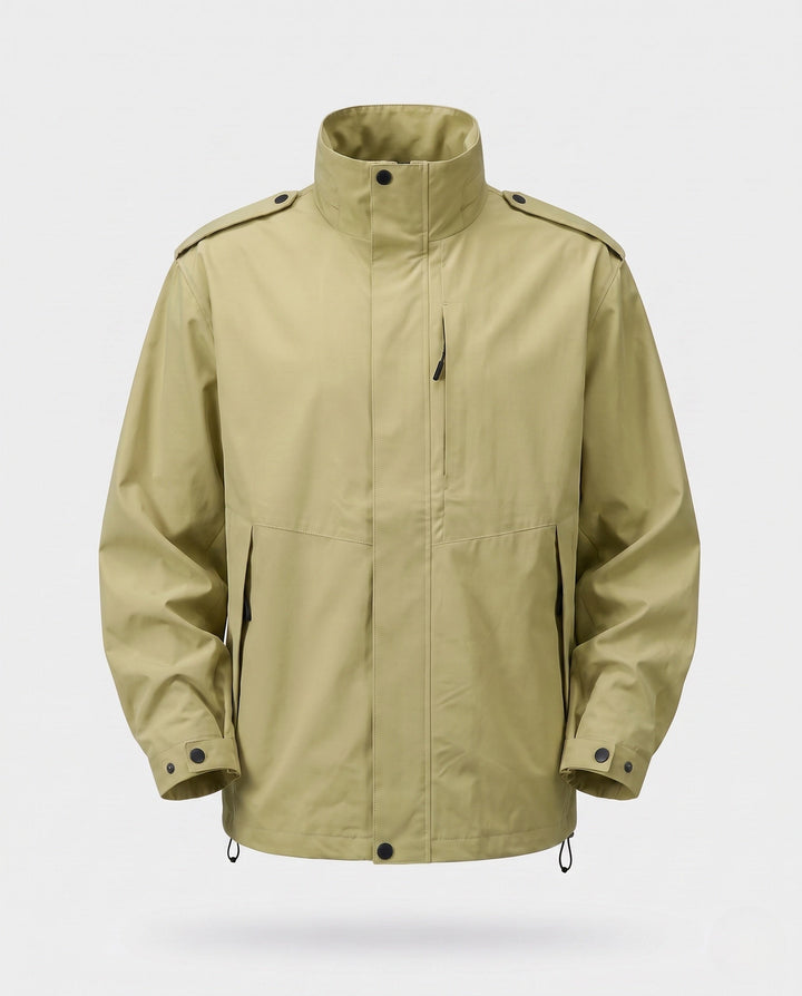 Men's urban functional jacket with concealed front flap, contrasting piping, and adjustable hem