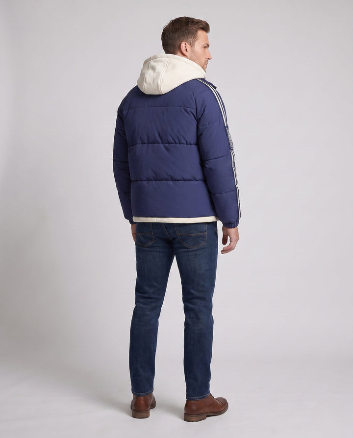 Men's urban layered hooded parka with drawstring, decorative stripes, and padded filling