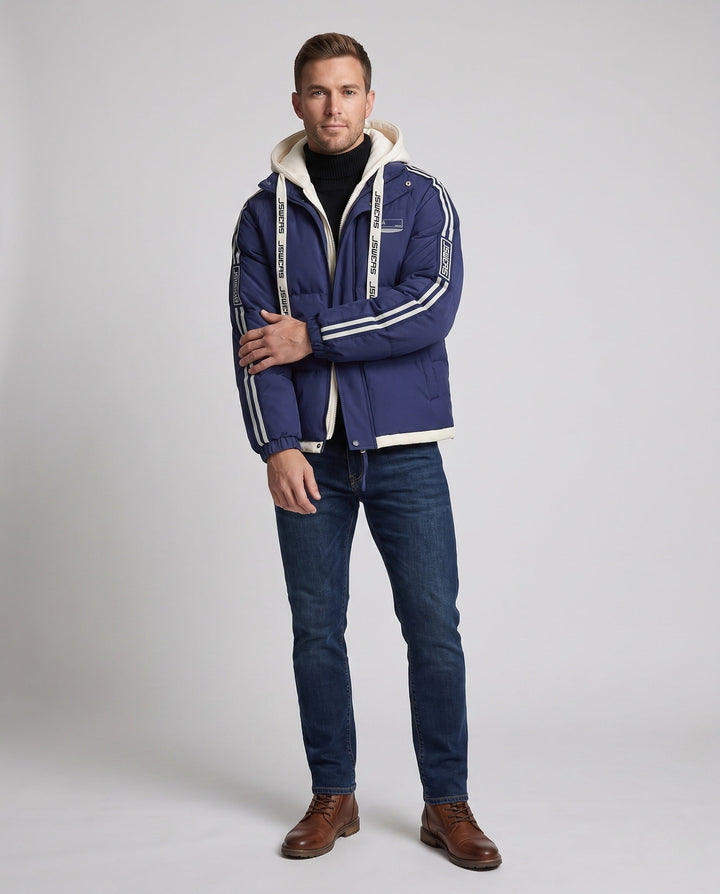 Men's urban layered hooded parka with drawstring, decorative stripes, and padded filling