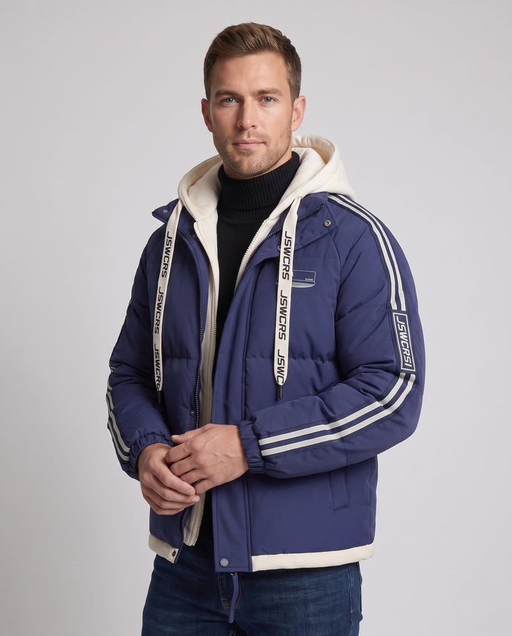 Men's urban layered hooded parka with drawstring, decorative stripes, and padded filling