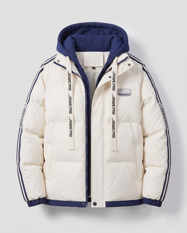 Men's urban layered hooded parka with drawstring, decorative stripes, and padded filling