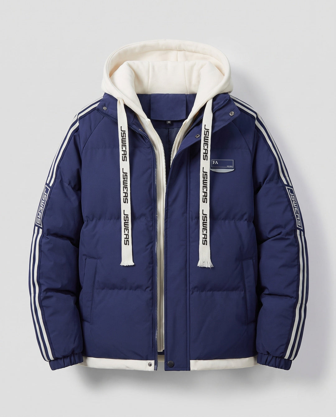 Men's urban layered hooded parka with drawstring, decorative stripes, and padded filling