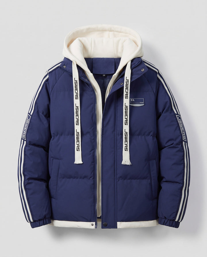 Men's urban layered hooded parka with drawstring, decorative stripes, and padded filling