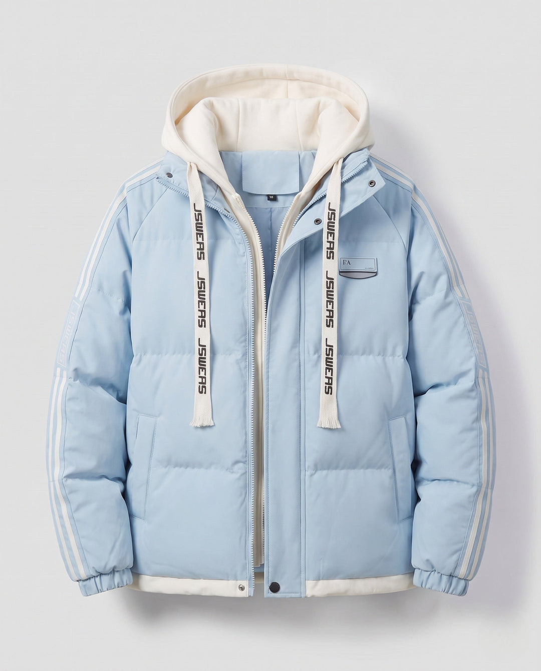 Men's urban layered hooded parka with drawstring, decorative stripes, and padded filling