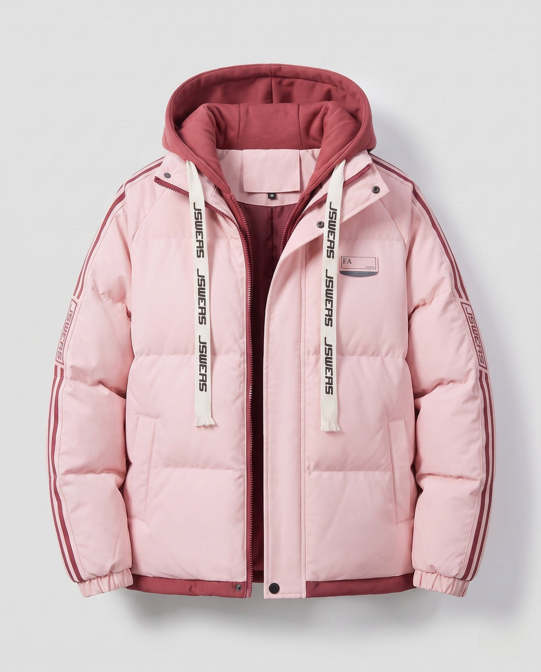 Men's urban layered hooded parka with drawstring, decorative stripes, and padded filling
