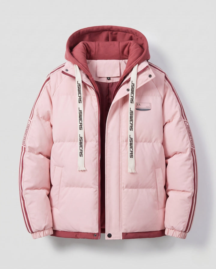 Men's urban layered hooded parka with drawstring, decorative stripes, and padded filling