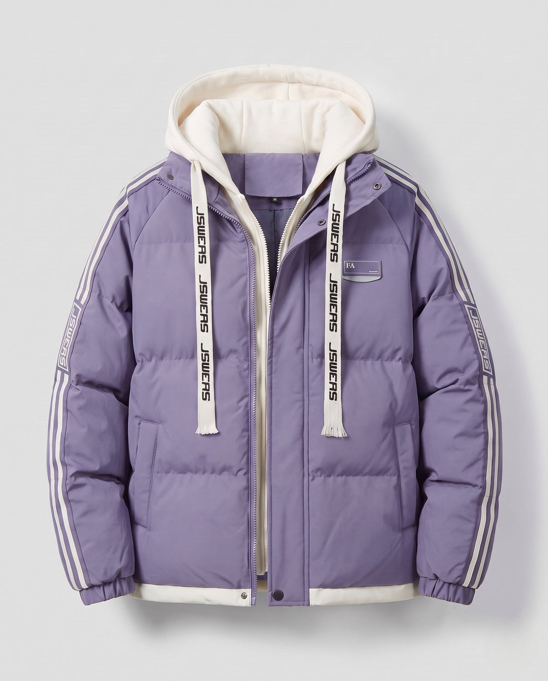 Men's urban layered hooded parka with drawstring, decorative stripes, and padded filling