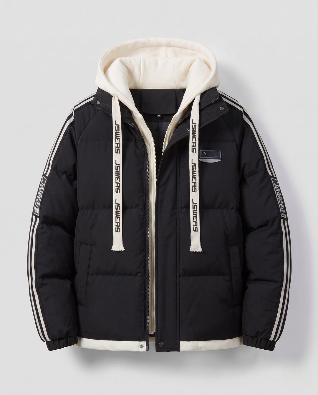 Men's urban layered hooded parka with drawstring, decorative stripes, and padded filling