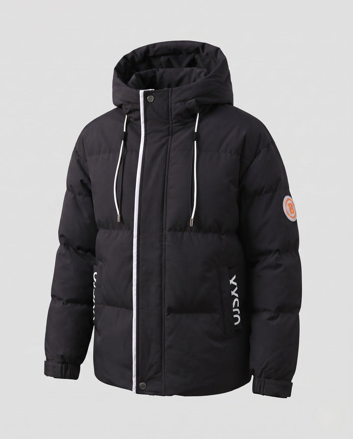 Men's urban quilted hoodie with thermal insulation, contrasting trim and adjustable hem