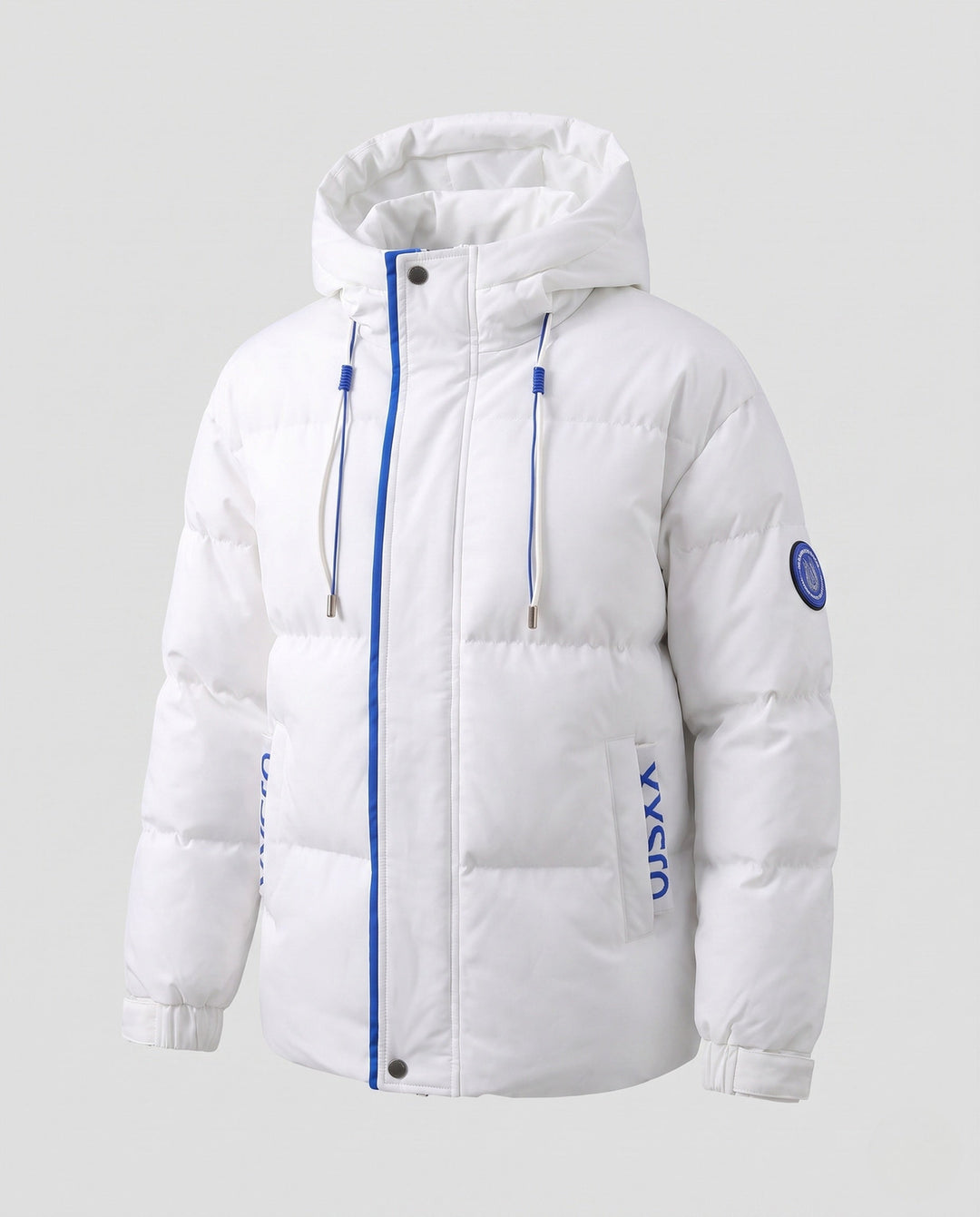 Men's urban quilted hoodie with thermal insulation, contrasting trim and adjustable hem