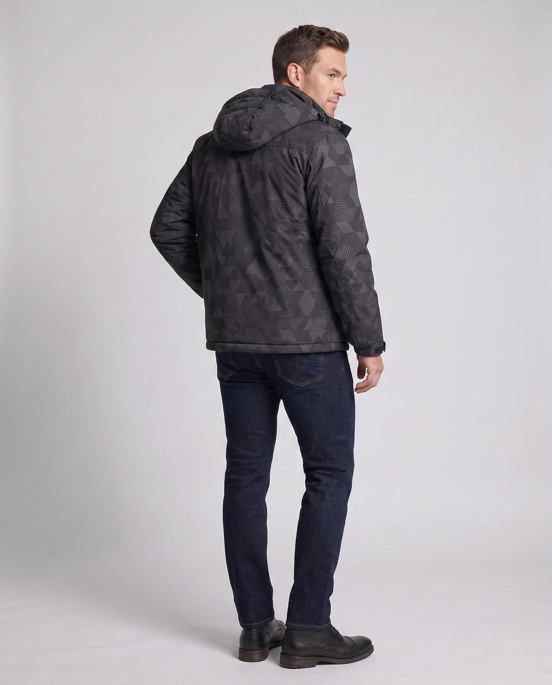 Men's water-repellent outdoor jacket with dense plush lining, adjustable hood, and windproof front