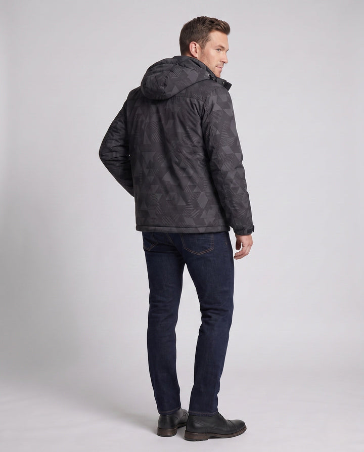 Men's water-repellent outdoor jacket with dense plush lining, adjustable hood, and windproof front