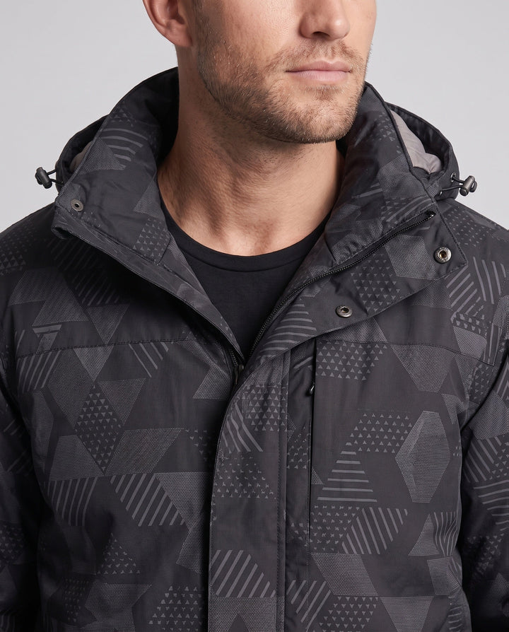 Men's water-repellent outdoor jacket with dense plush lining, adjustable hood, and windproof front