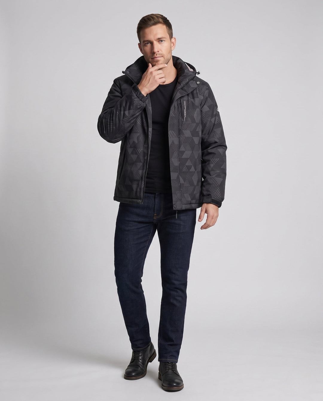 Men's water-repellent outdoor jacket with dense plush lining, adjustable hood, and windproof front