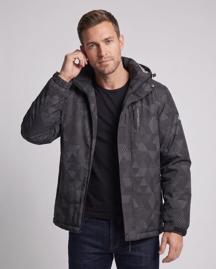 Men's water-repellent outdoor jacket with dense plush lining, adjustable hood, and windproof front