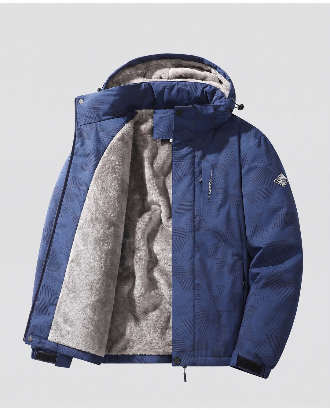 Men's water-repellent outdoor jacket with dense plush lining, adjustable hood, and windproof front